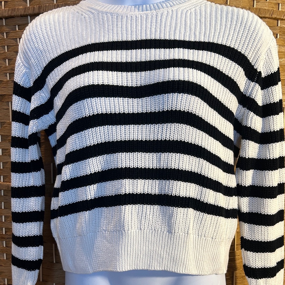 Black White Stripe Cotton Knit Cropped Sweater Nautical Coastal GAP L